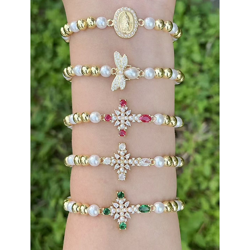 Pulsera De La Cruz De Nuestra Señora Libélula Con Cuentas De Perlas Bañadas En Cobre Y Diamantes