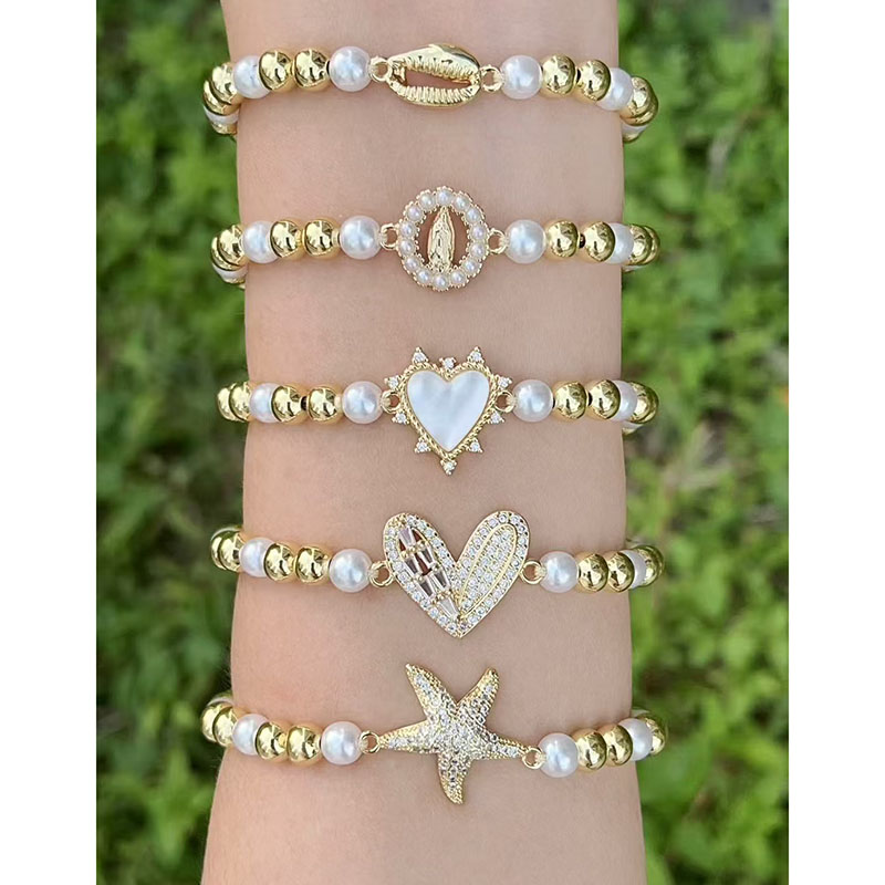 Pulsera De Perlas Bañadas En Cobre Y Conchas De Diamantes Con Estrella De Mar Del Amor De La Virgen María