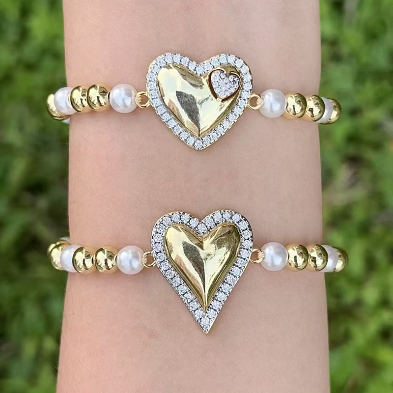 Pulsera De Corazón De Diamantes Con Cuentas De Perla Bañadas En Oro Y Cobre