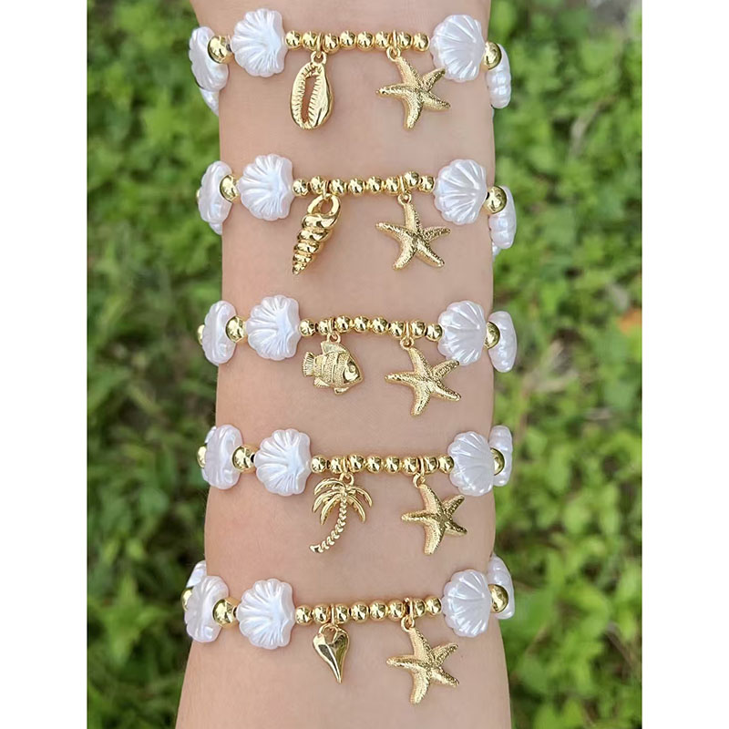 Pulsera De Estrella De Mar Con Cuentas De Concha Y Baño De Cobre Y Oro