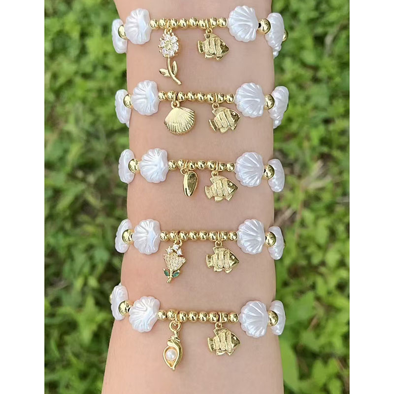 Pulsera De Cuentas De Concha Bañadas En Oro Con Forma De Pez Concha Flor Y Caracola