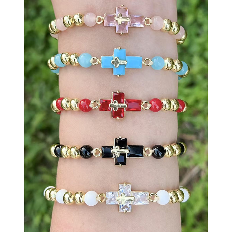 Pulsera De Cruz De Diamantes Con Cuentas De Cobre Bañadas En Oro