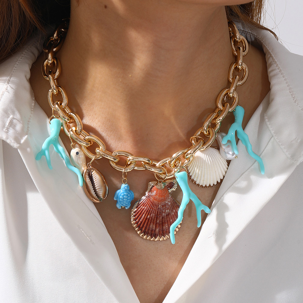 Collar De Aleación Con Cadena Gruesa De Concha De Coral Y Gotas De Aceite
