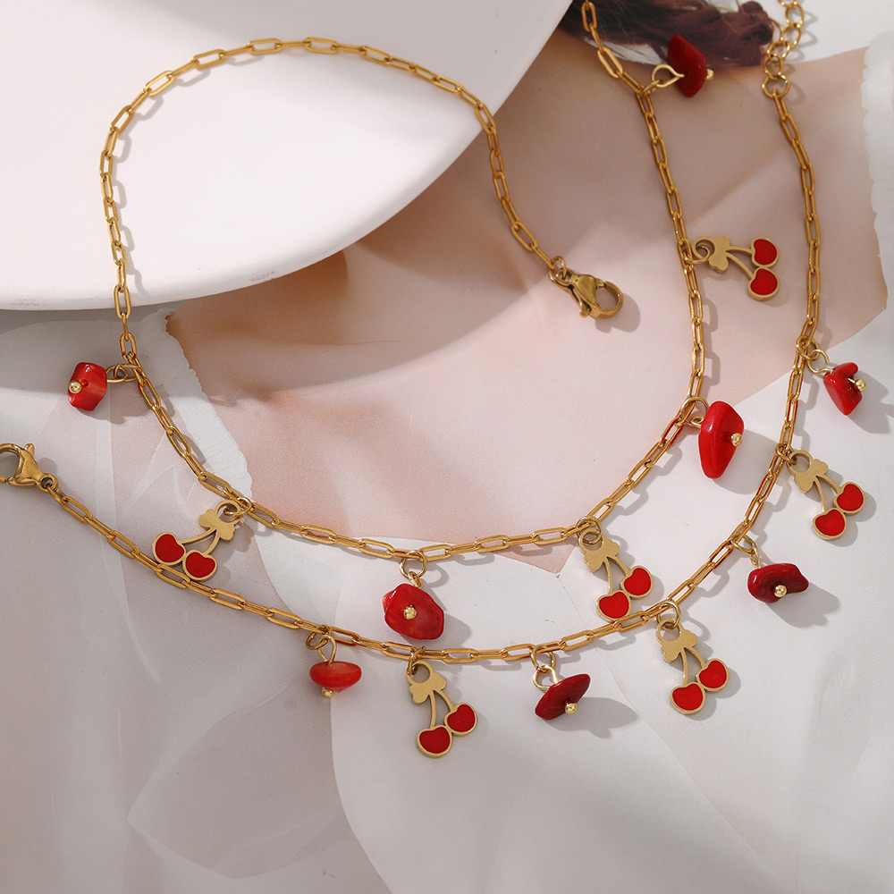 Red 2 Titanium Steel Oil Drop Cherry Natural Stone Bracelet