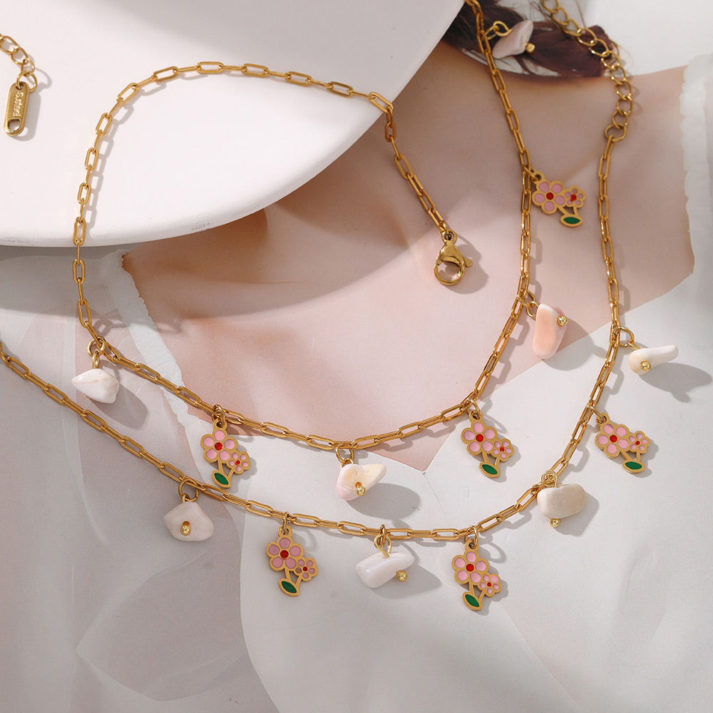 Collar De Acero De Titanio Con Flor De Gota De Aceite Y Piedra Natural
