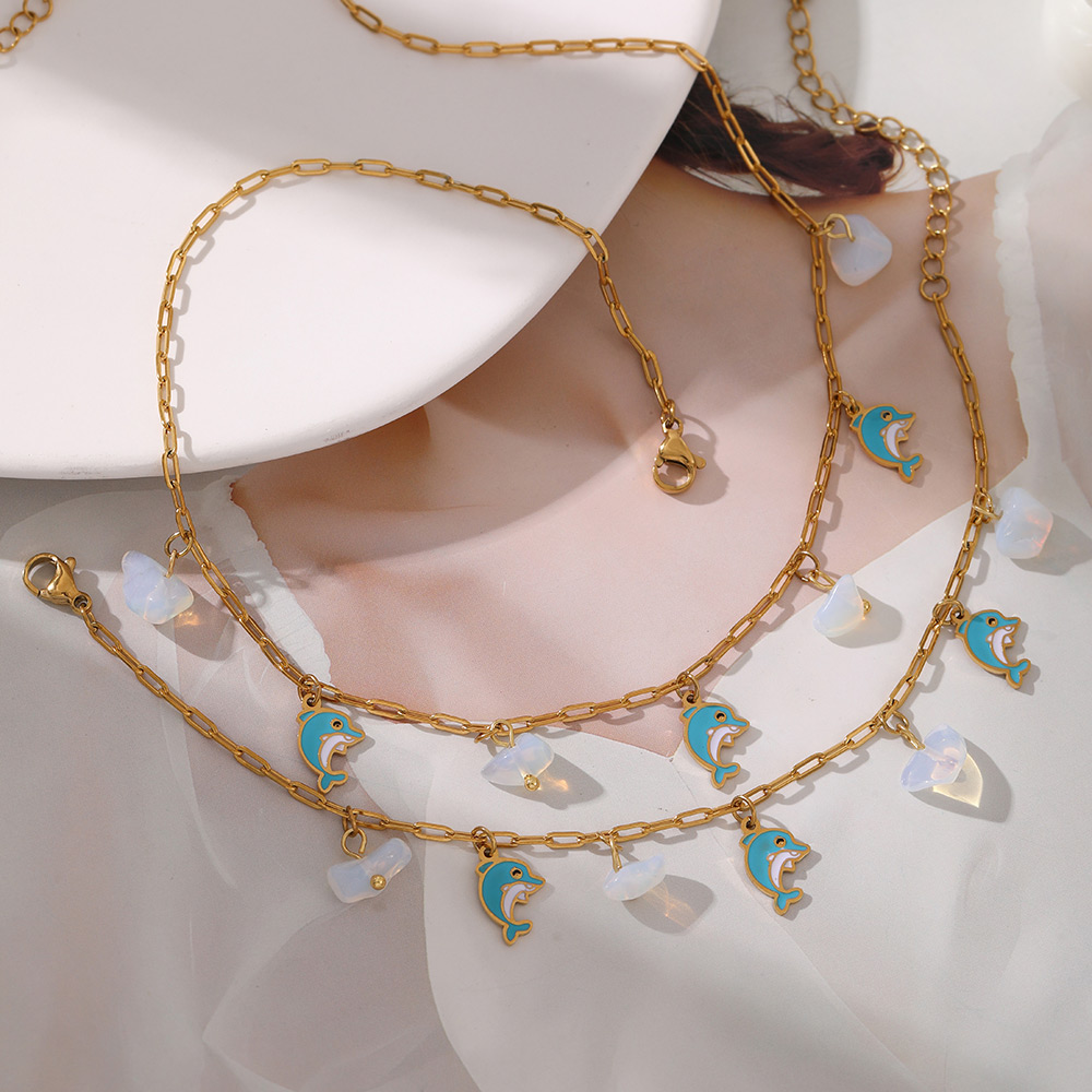 Collar De Delfín Con Piedra Natural Y Gota De Aceite De Acero Y Titanio