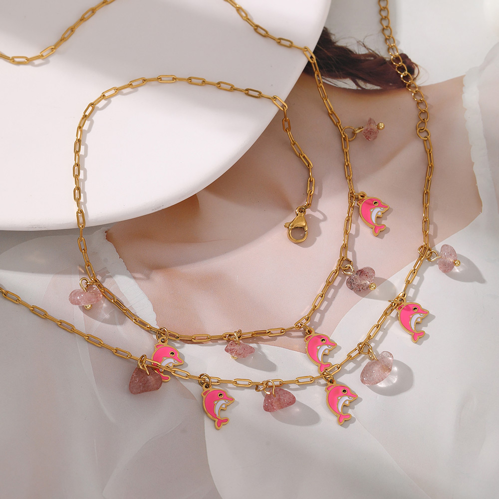 Collar De Delfín Con Piedra Natural Y Gota De Aceite De Acero Y Titanio