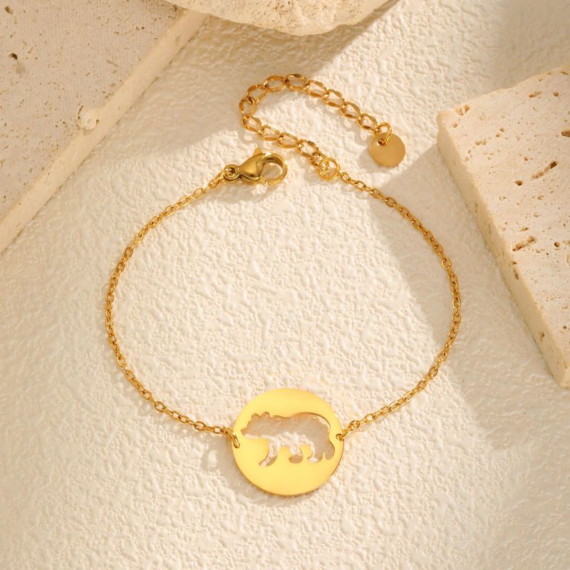 Gold Stainless Steel Hollow Bear Round Bracelet
