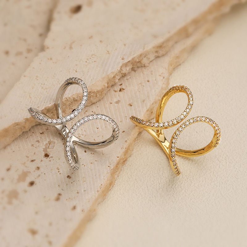 Gold And White Diamond Heart Ring Copper Diamond Irregular Hollow Ring
