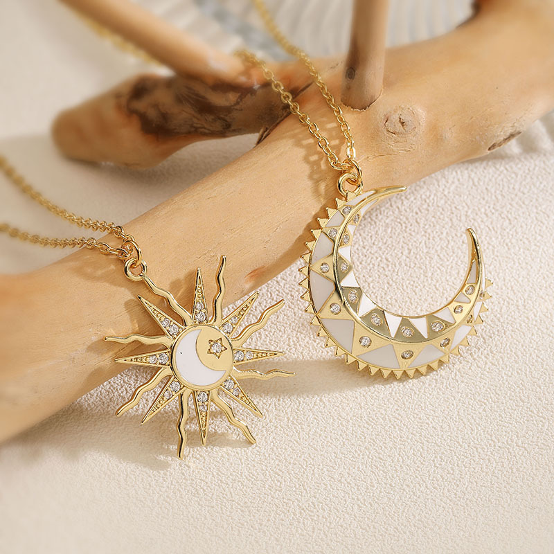 Gold And White Diamond Moon Pendant Necklace Copper And Diamond Sun And Moon Necklace