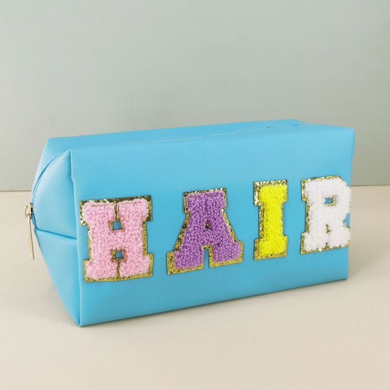 Sky Blue Pu Embroidered Letters Large Capacity Storage Bag