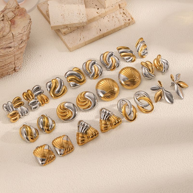 Gold And Silver 1 Stainless Steel Color Matching Textured Earrings