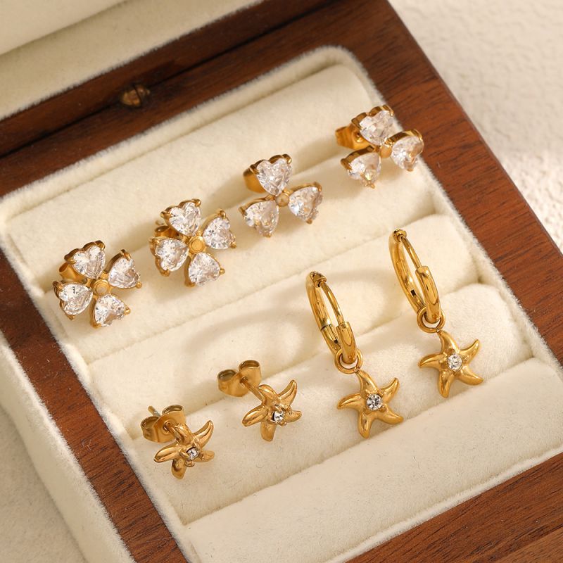 Pendientes De Aro De Acero Inoxidable Con Forma De Estrella De Mar Y Diamantes