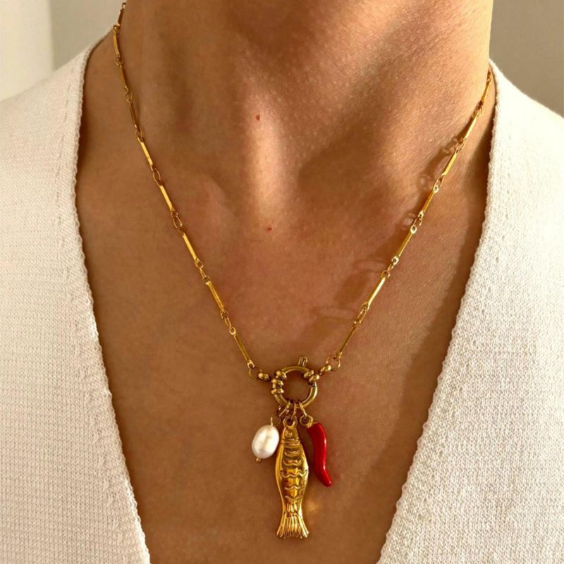 Collar De Pescado Y Chile De Acero Inoxidable
