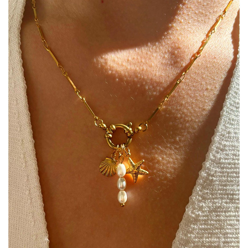 Collar De Acero Inoxidable Con Cuentas De Perla Y Concha De Estrella De Mar