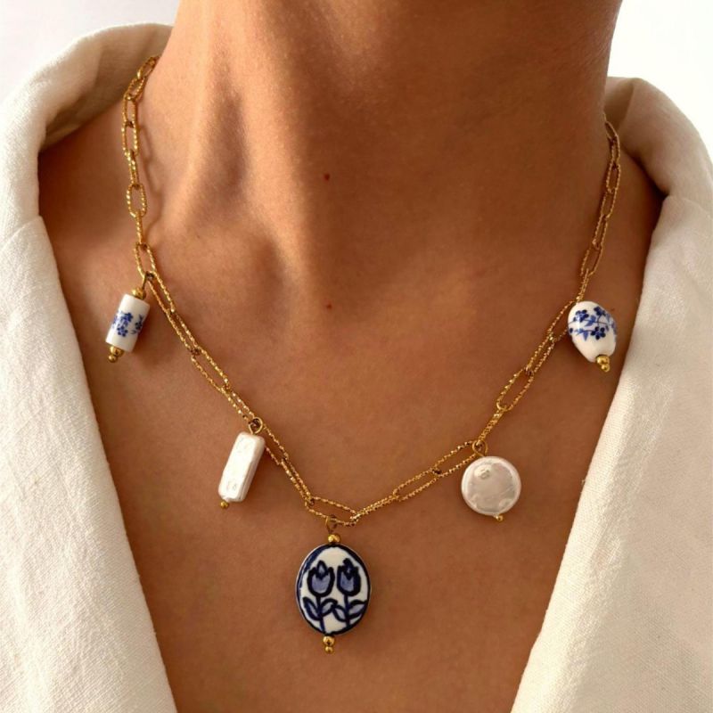 Gold Necklace Stainless Steel Pearl Heart Flower Necklace