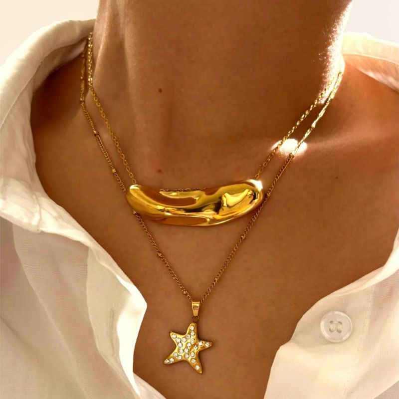 Gold Main Picture Two-piece Set Stainless Steel Diamond Five-pointed Star Irregular Necklace Set