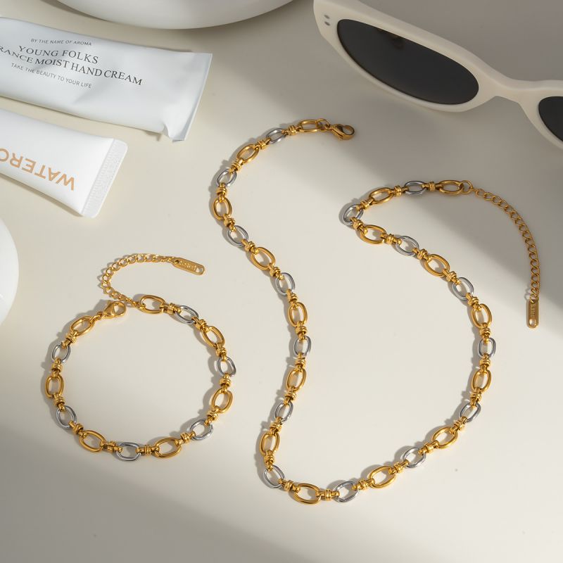 Set Stainless Steel Colorblock Chain Necklace Bracelet Set