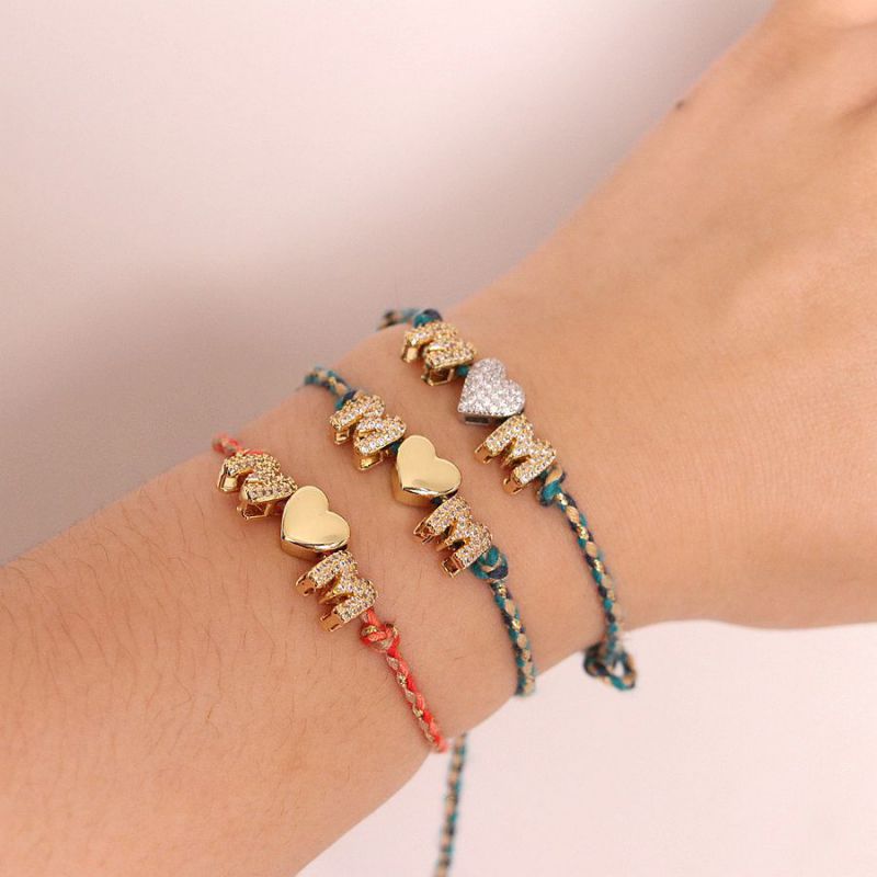 Pulsera De Hilo Con Letras De Corazón Y Diamantes De Cobre