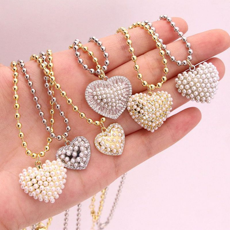 Collar De Corazón De Perla Y Diamante De Cobre