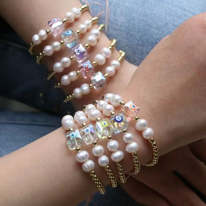 Pulsera De Perlas De Cristal Cuadradas Con Ojo De Gota De Aceite