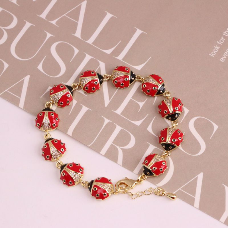 Pulsera De Mariquita De Siete Puntos Con Incrustaciones De Cobre Y Circonita
