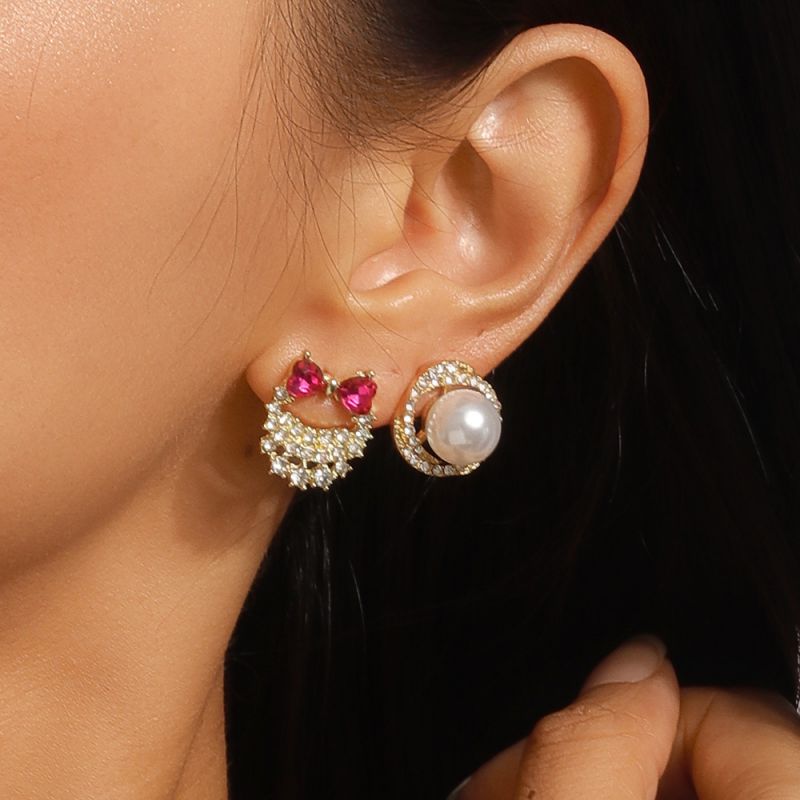 Juego De Pendientes Con Lazo De Perlas Y Diamantes De Aleación
