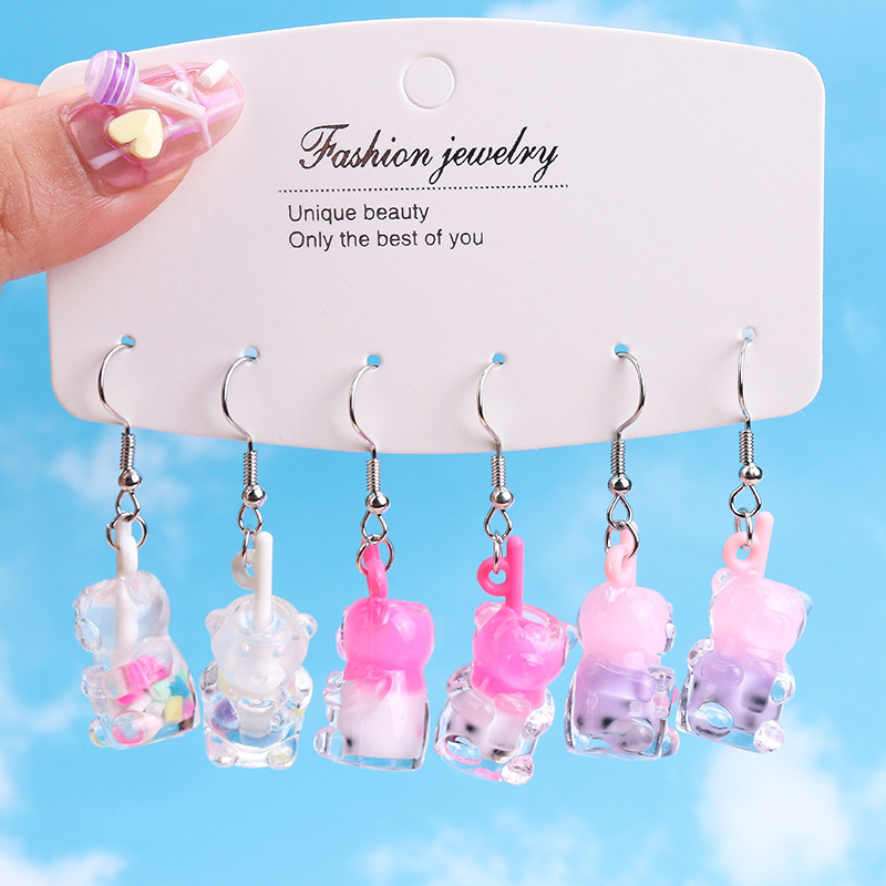 Set Of Three Pairs Of Blue And Purple Earrings Resin Bear Milk Tea Earring Set