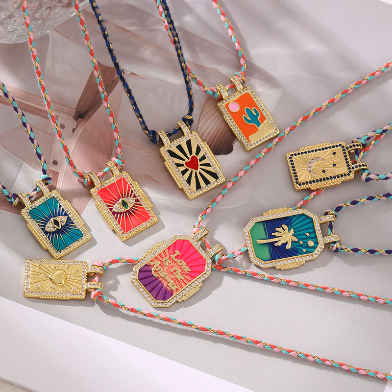 Color 8 Copper Inlaid Zircon Oil Dripping Square Cactus Braided Necklace