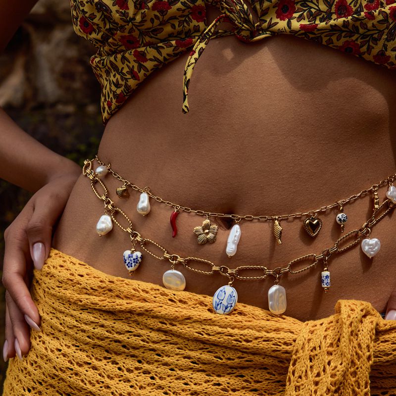 Collar De Cintura De Acero Inoxidable Con Forma De Corazón De Perla Y Flor