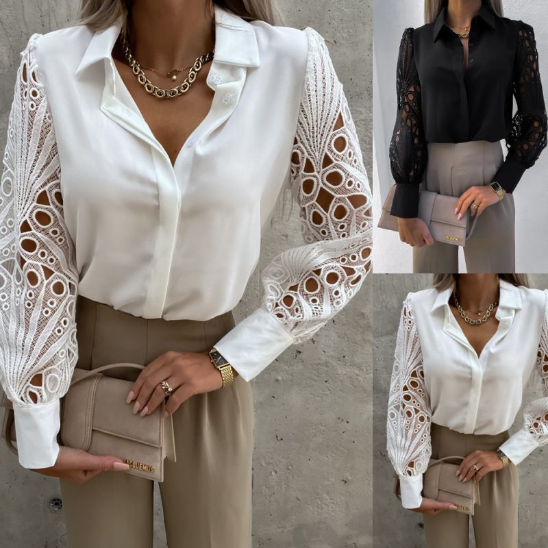 Black Lace Stitching Lapel Shirt