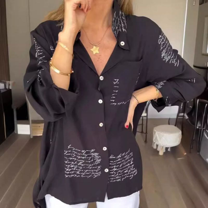 Blue Polyester Printed Lapel Button-down Shirt