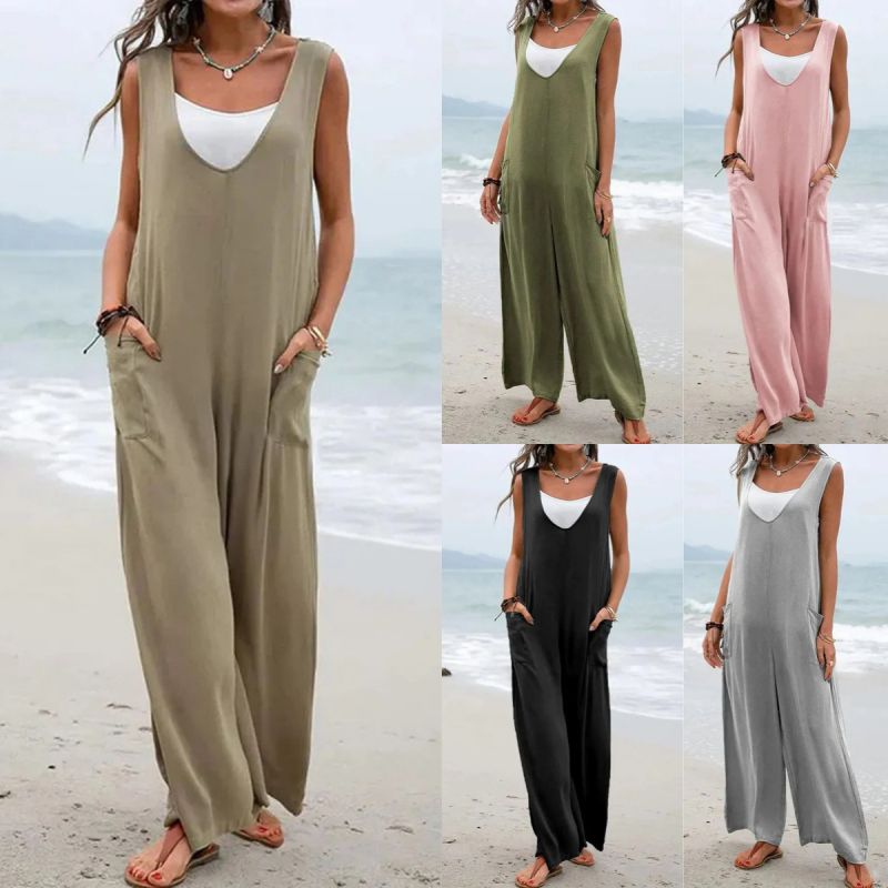 Khaki Cotton Patch Pocket V-neck Wide-leg Trousers