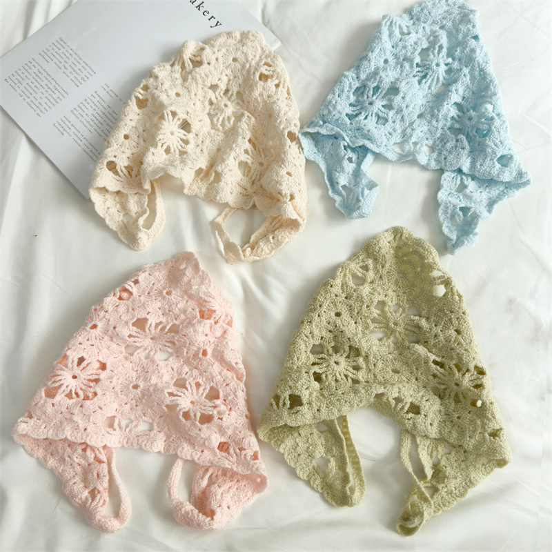 Openwork Knit Green Fabric Hollow Knitted Triangle Scarf