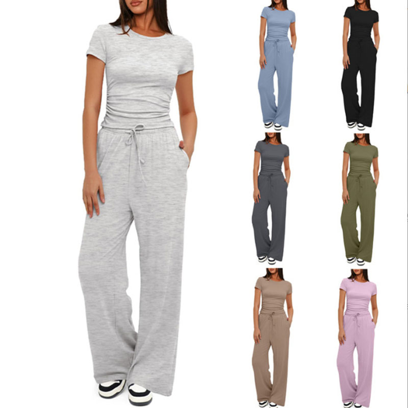 Khaki Cotton Crew Neck Short Sleeve Tie Trousers Suit