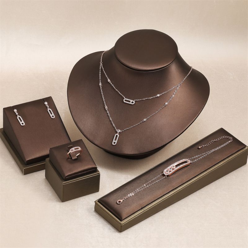 Conjunto De Collar Pulsera Pendientes Y Anillo Con Doble Diamante Ovalado De Cobre