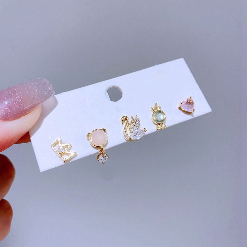 Juego De Pendientes De Cisne Con Corazón De Diamantes De Cobre