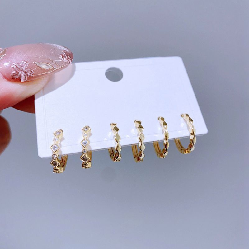 Gold 1# Copper And Diamond Geometric Round Earring Set