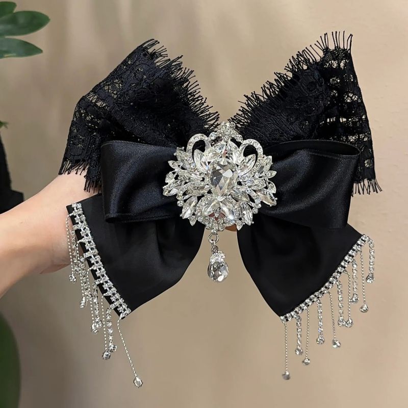 Black Rhinestone Lace Bow Hairpin