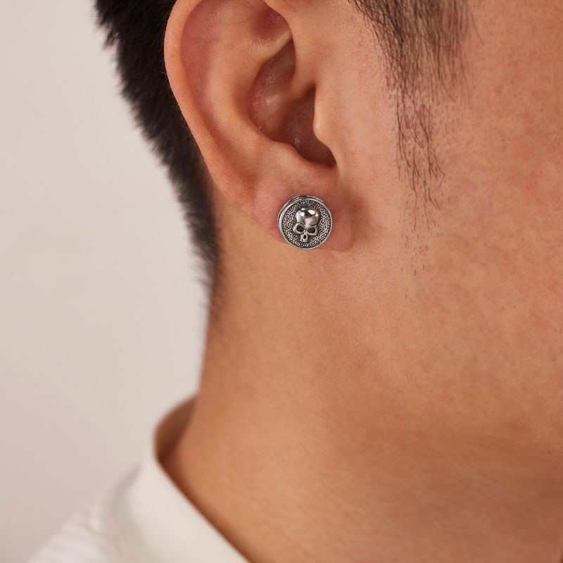 Silver Stainless Steel Skull Earrings For Men