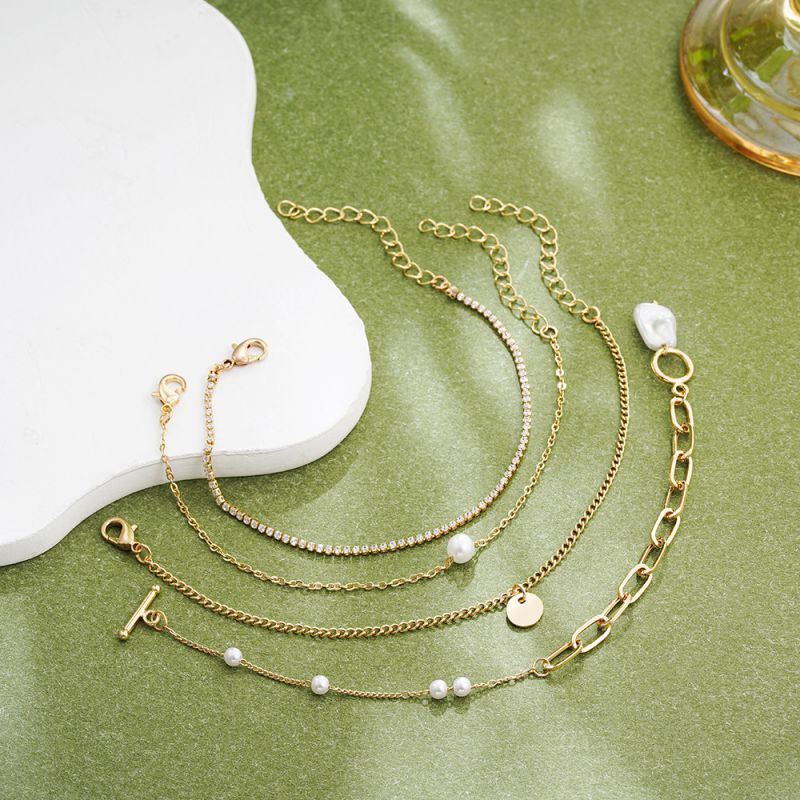 Bracelet 6# Metal Geometric Gravel Tassel Pearl Bracelet Set