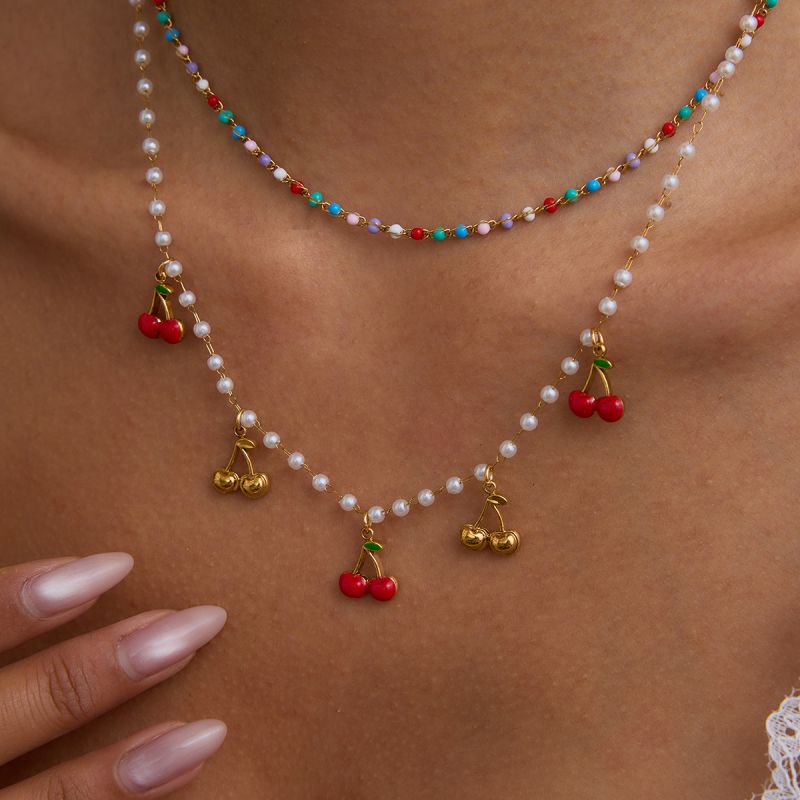 Collar De Cerezas Con Cuentas De Perla De Acero Inoxidable