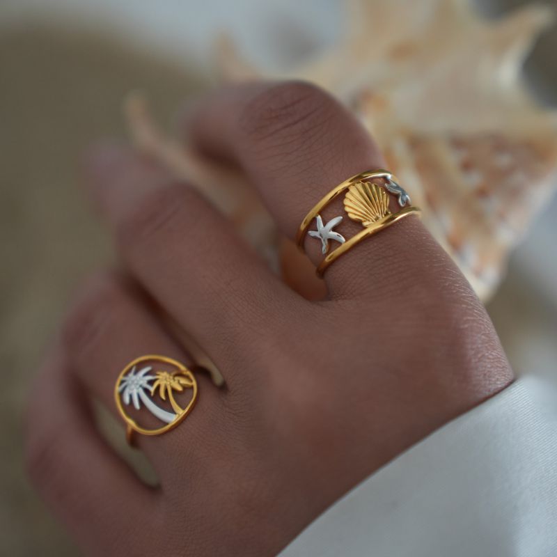 Anillo De Acero Inoxidable Con Forma De Estrella De Mar Y Concha