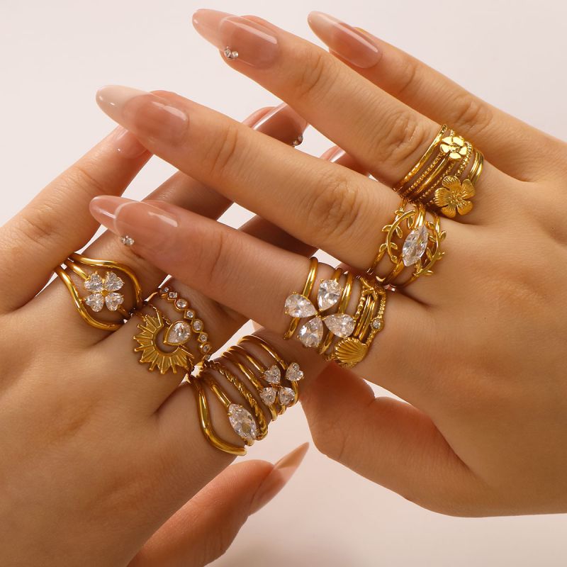 Set 8# Stainless Steel Diamond Branch Petal Shell Geometric Ring Set