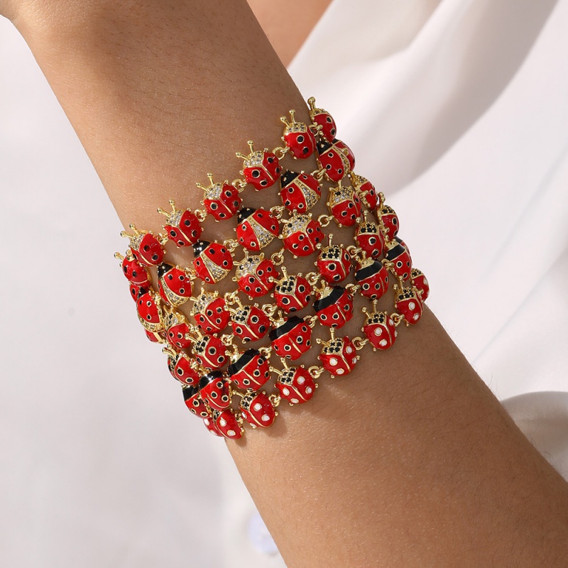 Red 6 Copper And Zircon Oil-drip Ladybug Bracelet