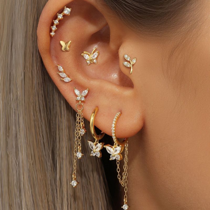 Gold Copper Diamond Butterfly Earring Set