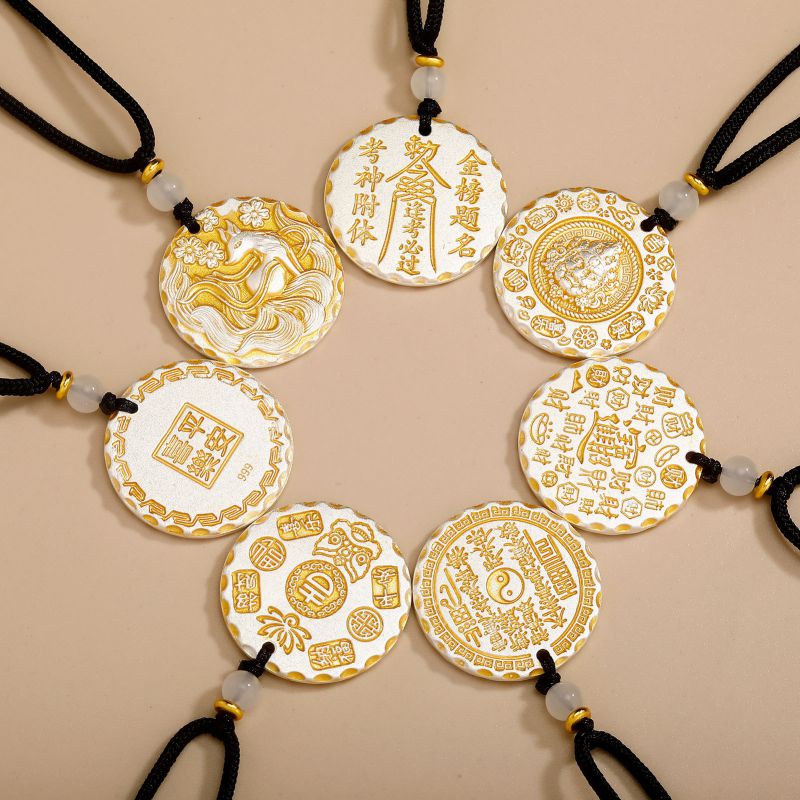 Collar Colgante Redondo Con Palabras De La Suerte Pintado En Cobre Y Oro Para Hombre