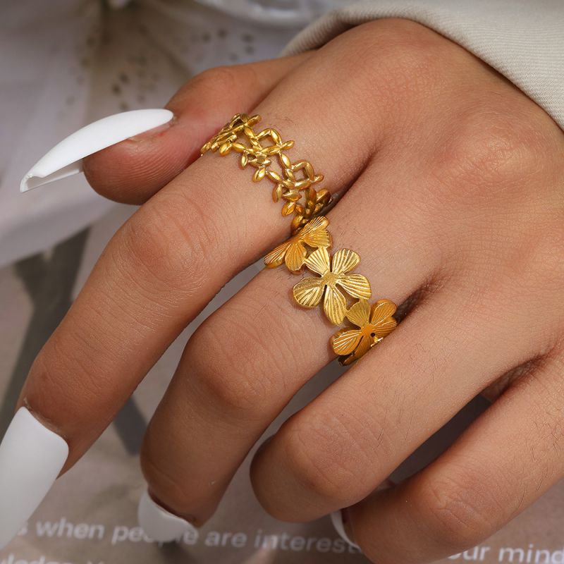 Silver Titanium Steel Flower Ring Set