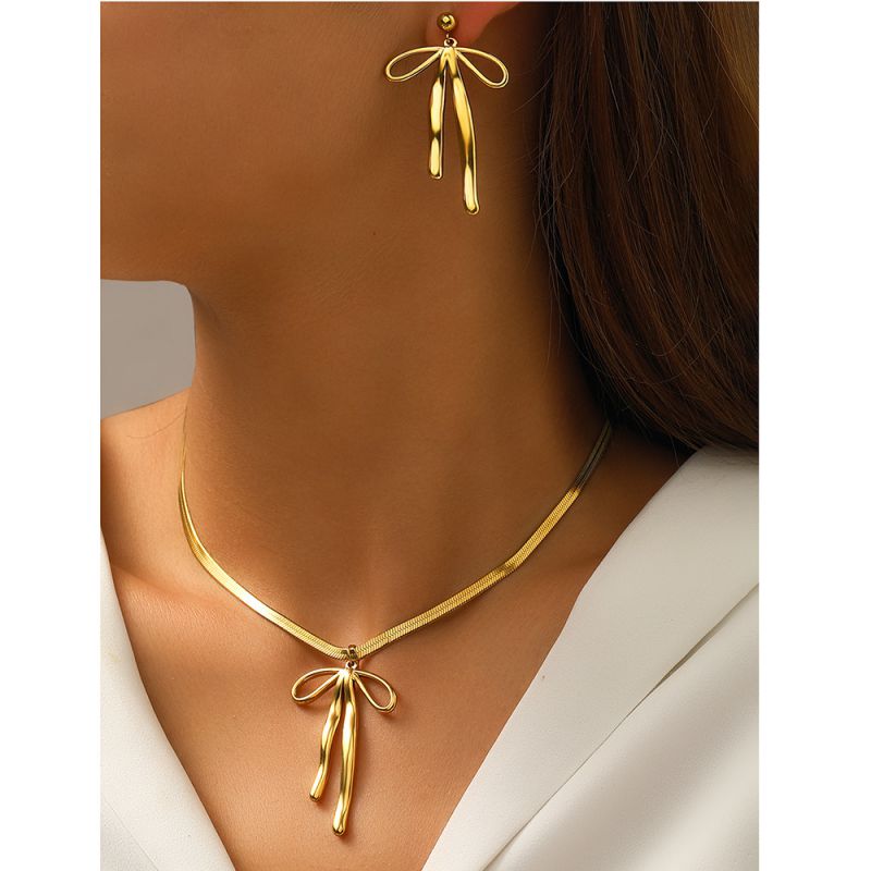 Silver Stainless Steel Bow Necklace Earring Set