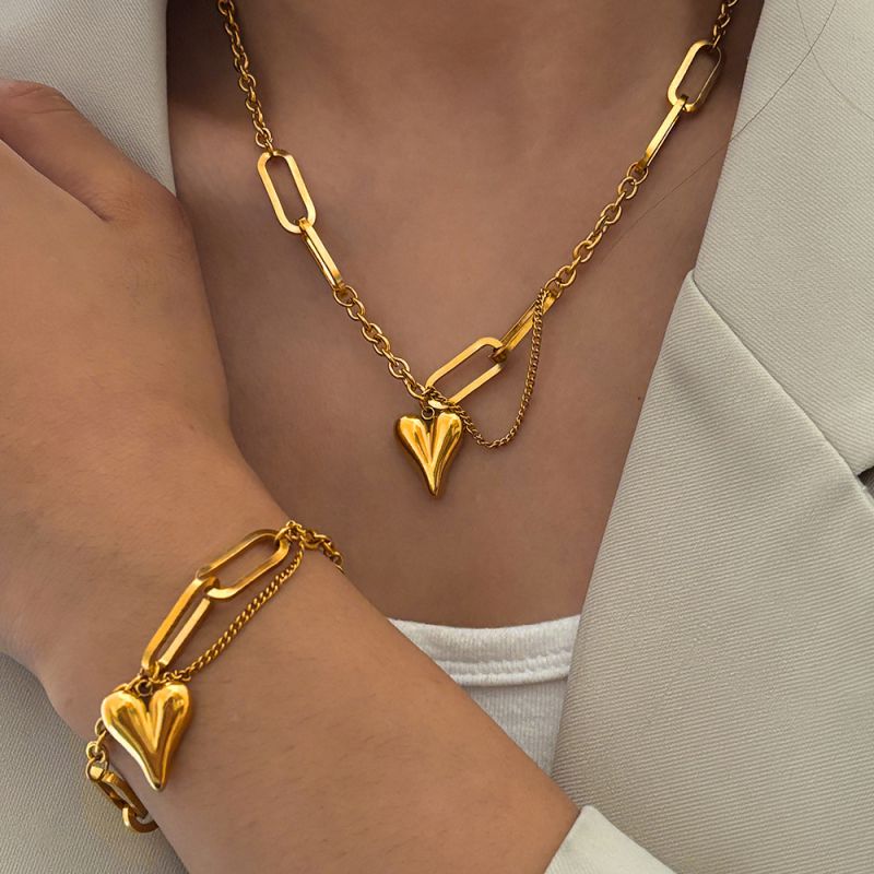 Conjunto De Collar Y Pulsera De Corazón De Acero Inoxidable